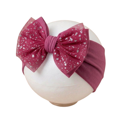 Elegant fuchsia  shiny mesh double bow soft headband