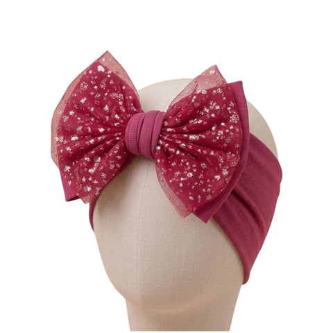 Elegant fuchsia  shiny mesh double bow soft headband
