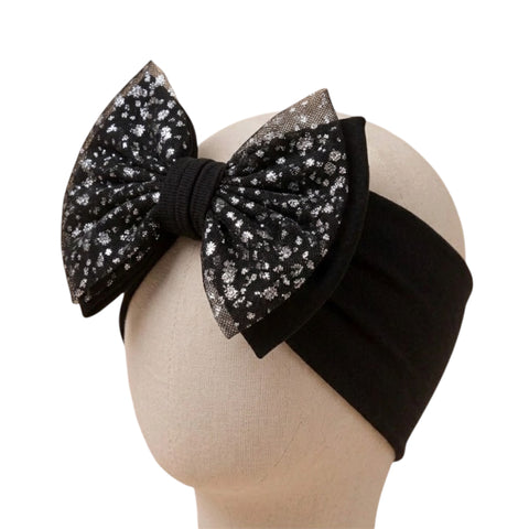 Elegant black shiny mesh double bow soft headband