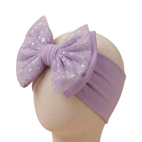 Lilac shiny mesh double bow soft headband