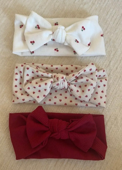 3Pcs/set solid with floral print ribbed headbands (cherry heart)