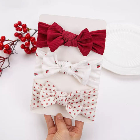 3Pcs/set solid with floral print ribbed headbands (cherry heart)