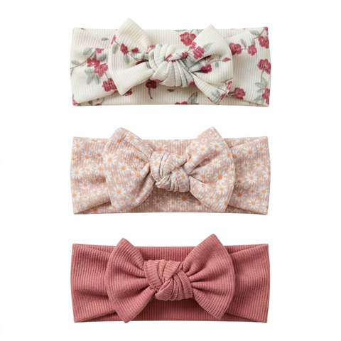 3Pcs/set solid with floral print ribbed headbands (daisy)