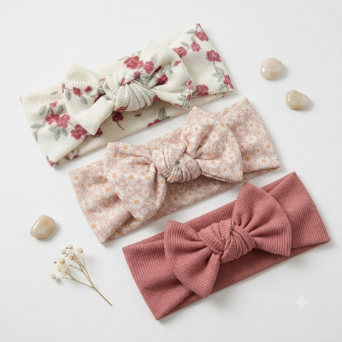 3Pcs/set solid with floral print ribbed headbands (daisy)