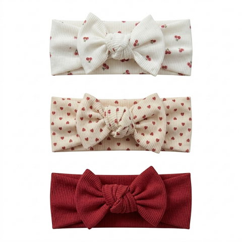 3Pcs/set solid with floral print ribbed headbands (cherry heart)