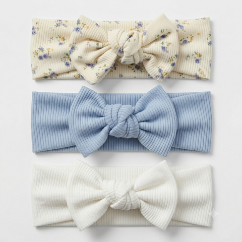 3Pcs/set solid with floral print ribbed headbands( fairy bow)