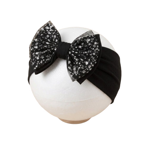 Elegant black shiny mesh double bow soft headband