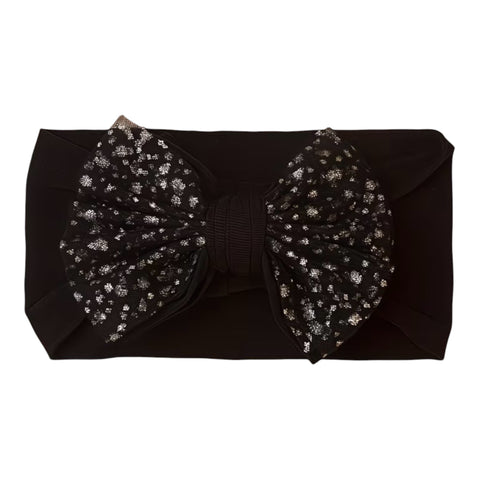Elegant black shiny mesh double bow soft headband