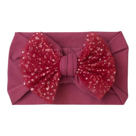 Elegant fuchsia  shiny mesh double bow soft headband
