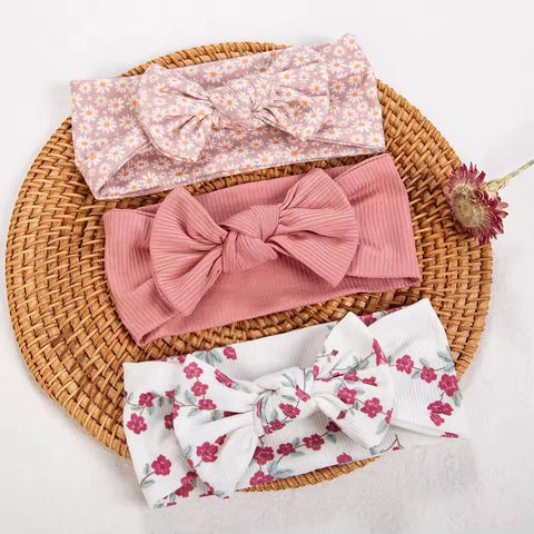 3Pcs/set solid with floral print ribbed headbands (daisy)