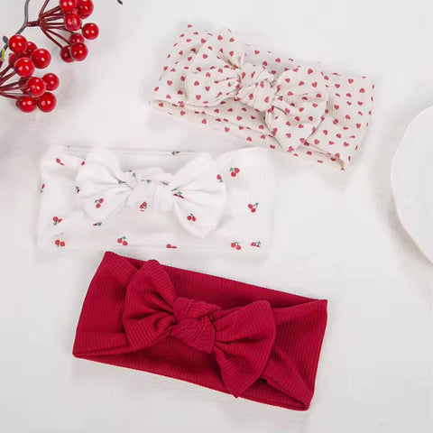 3Pcs/set solid with floral print ribbed headbands (cherry heart)
