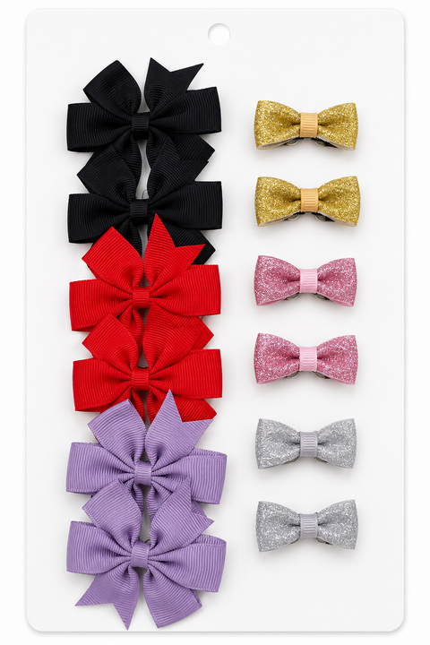 12-Piece Grosgrain Ribbon & Glitter Hair Bow pins Set( mix and match)