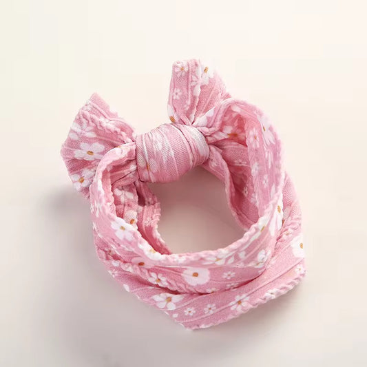 flower printed single bow knit lining headband PINK