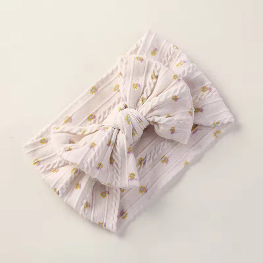 flower printed single bow knit lining headband WHITE