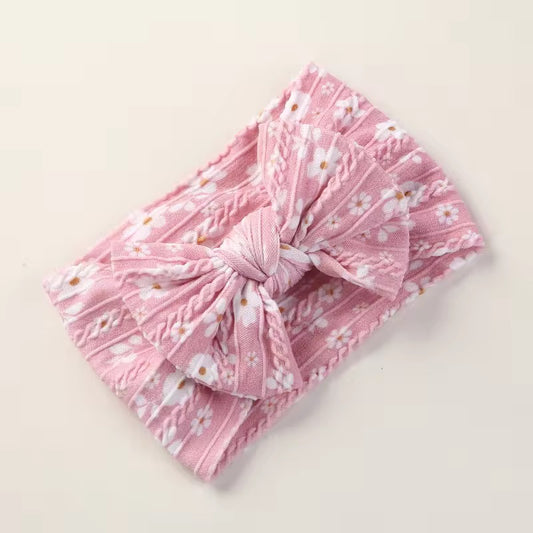 flower printed single bow knit lining headband PINK