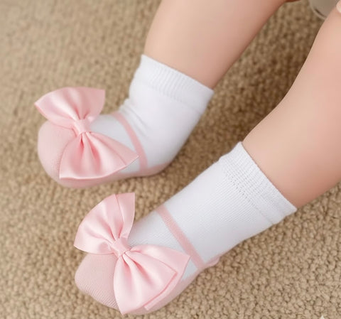 Baby pink bow socks-like-shoe (0-1 year)