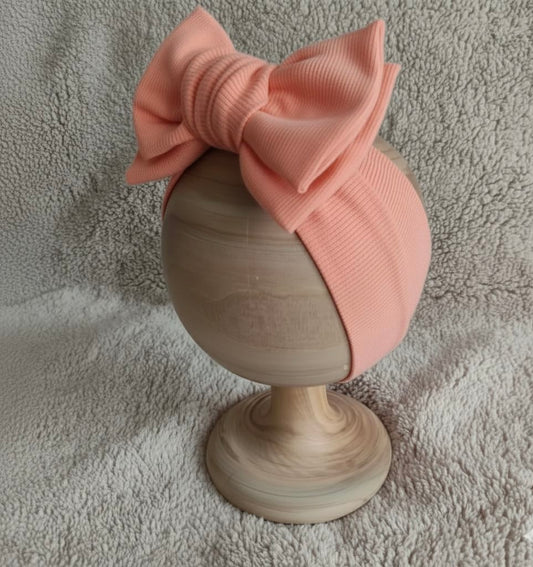peach ribbed larger bow headband