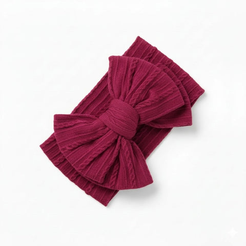 dark fuschia double bow knitted headband